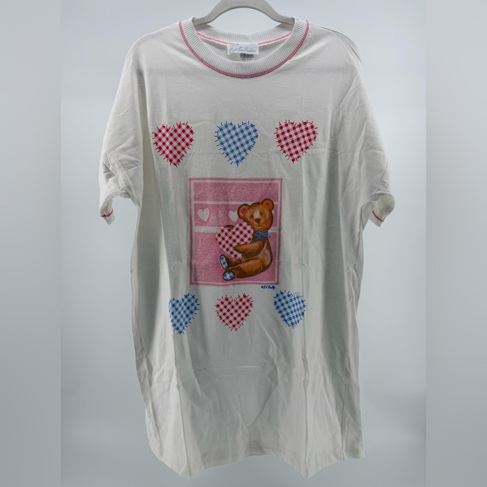 Vintage 80s/90s Teddy Bear Gingham Heart Longline Sleepshirt, Women's One Size